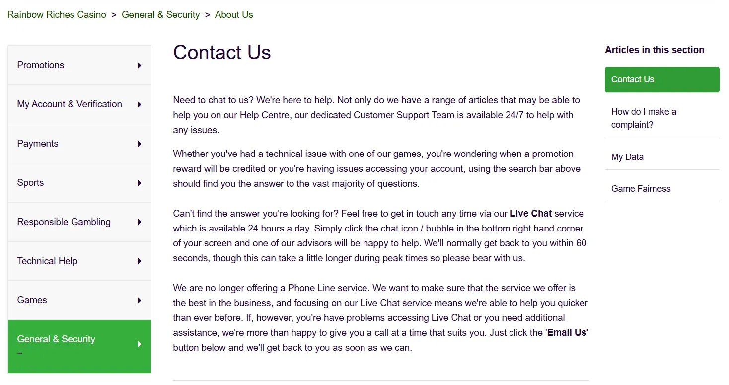Rainbow Riches Casino Support